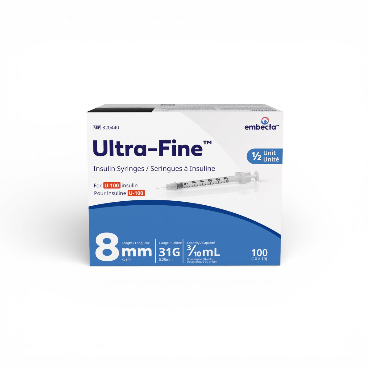 Ultra-Fine™ Insulin Syringes U-100 8mm 31G 0.3mL ½ unit 100ct